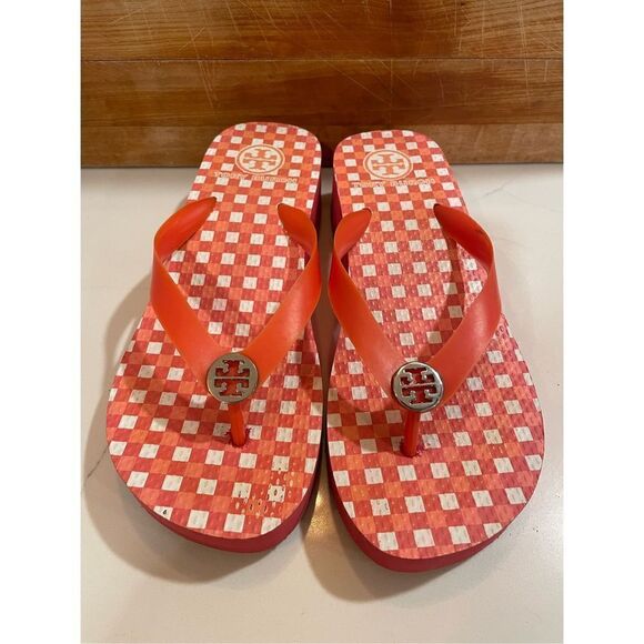 Tory Burch Platform Flip Flop Sandals Red Gingham Sz 7.5 - Picture 1 of 7